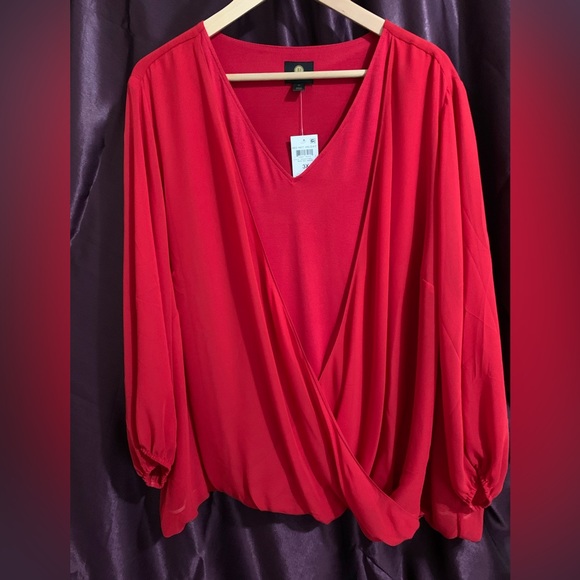 NWT JM Collection Wrap Blouse Bubble Hem Sheer 3/4 Sleeve New Red Amore Holidays - Picture 1 of 9